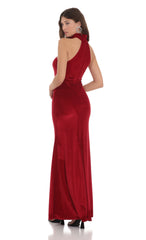 Velvet Reverse Halter Maxi Dress in Red