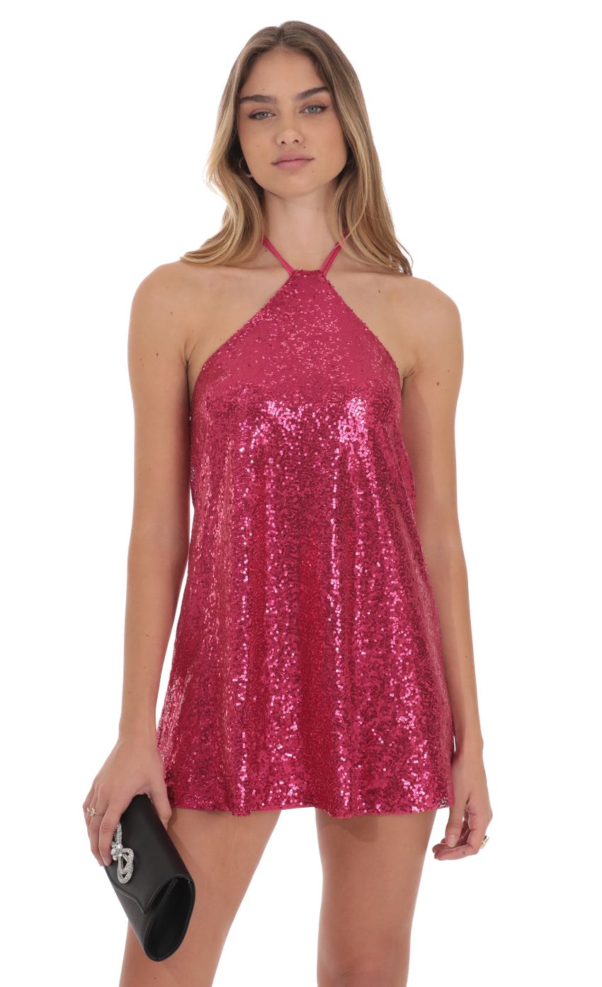 Sequin Halter Dress in Pink