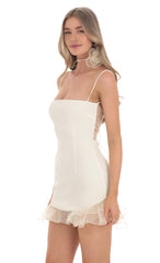 Flower Choker Square Neck Ruffle Dress in Cream