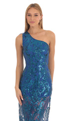 Sequin One Shoulder Maxi Dress in Blue