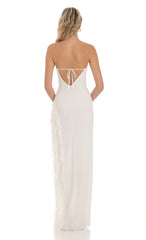 Mesh Strapless Triple Ruffle Maxi Dress in White