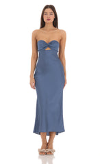 Satin Twist Cutout Midi Dress in Navy