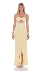 Mesh Cutout Ruffle Maxi Dress in Yellow