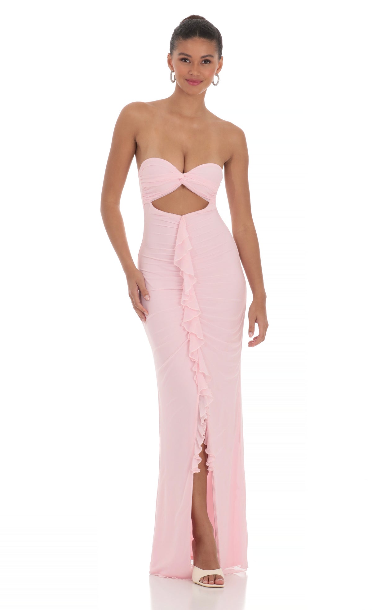 Mesh Cutout Ruffle Maxi Dress in Pink