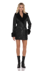 Faux Fur Leather Trench in Black