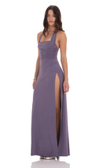 Halter Ruched Maxi Dress in Purple Smoke