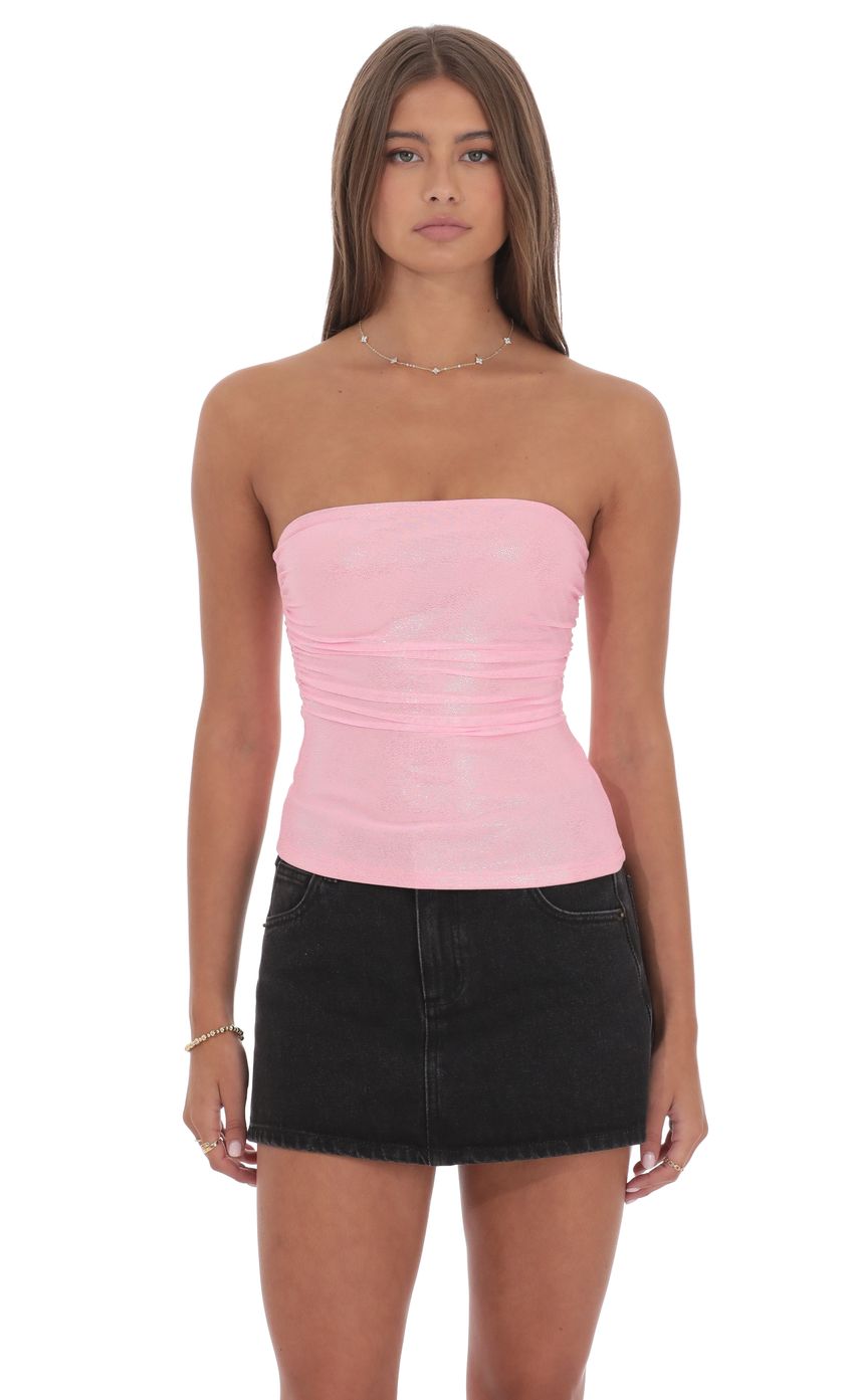 Foil Mesh Ruched Tube Top in Pink