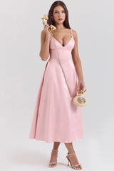 parisian pink satin a-line midi dress