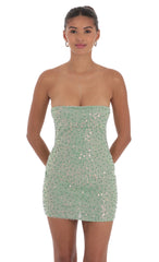 Strapless Sequin Beaded Dress in Sage Green