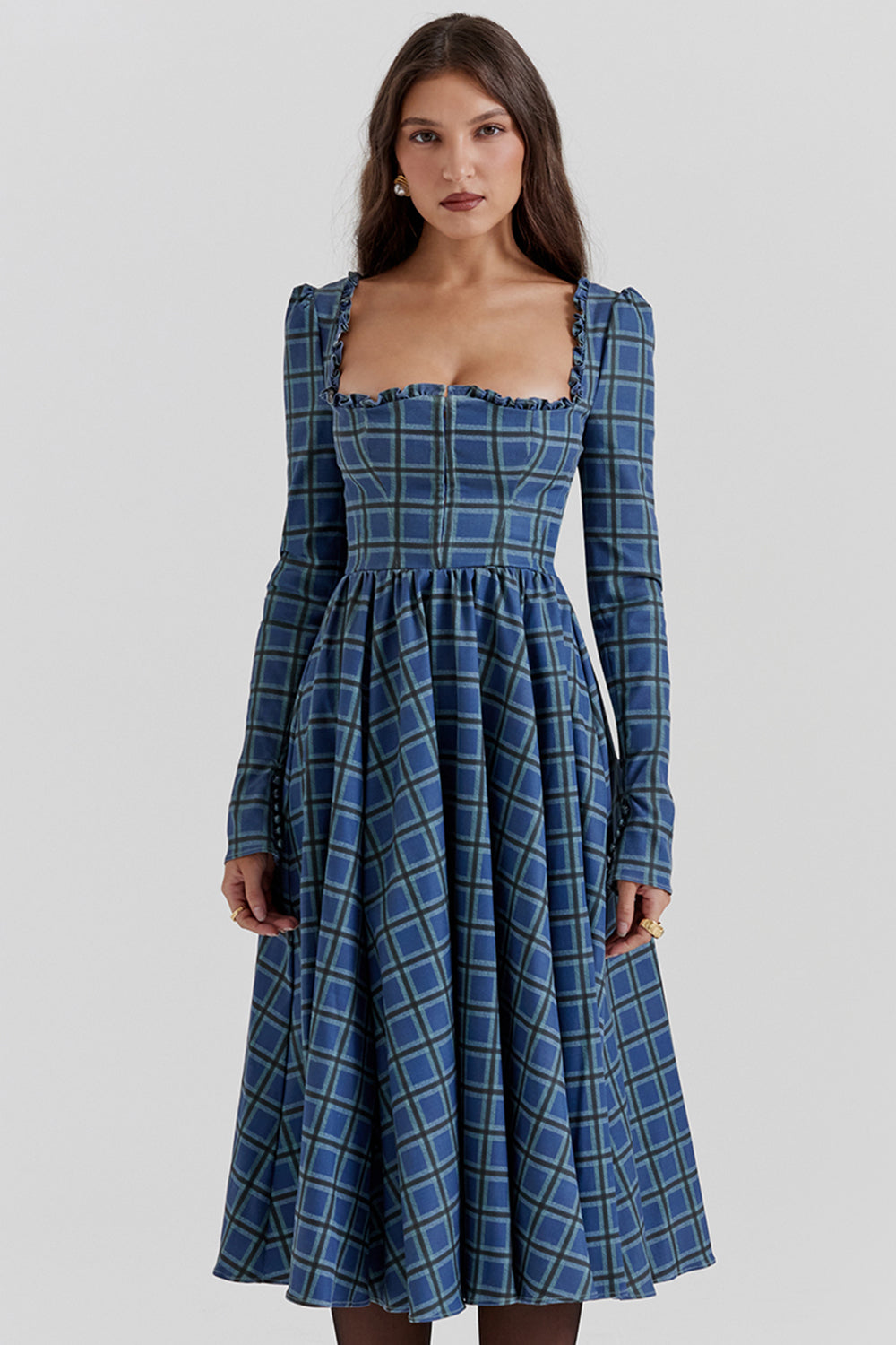 blue tartan midi dress