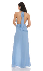 Plunge Neck Halter Dress in Blue