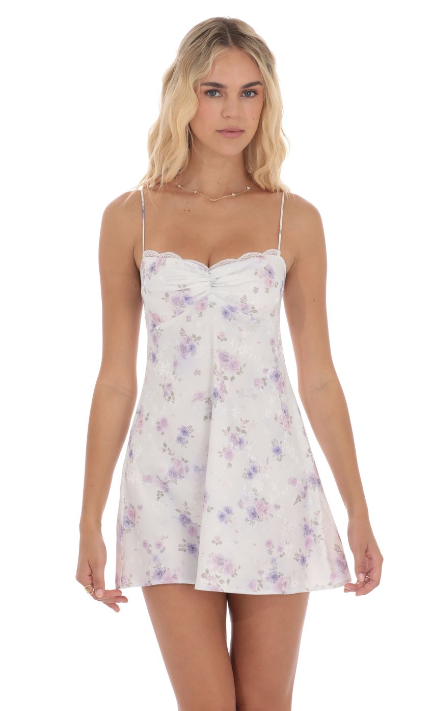 Satin Floral Back Lace Dress in White