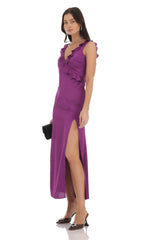 Satin V-Neck Open Back Maxi Dress in Purple