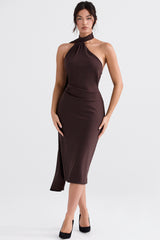 chocolate wrap neck midi dress