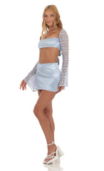 Satin Embroidered Sleeve Two Piece Set in Blue