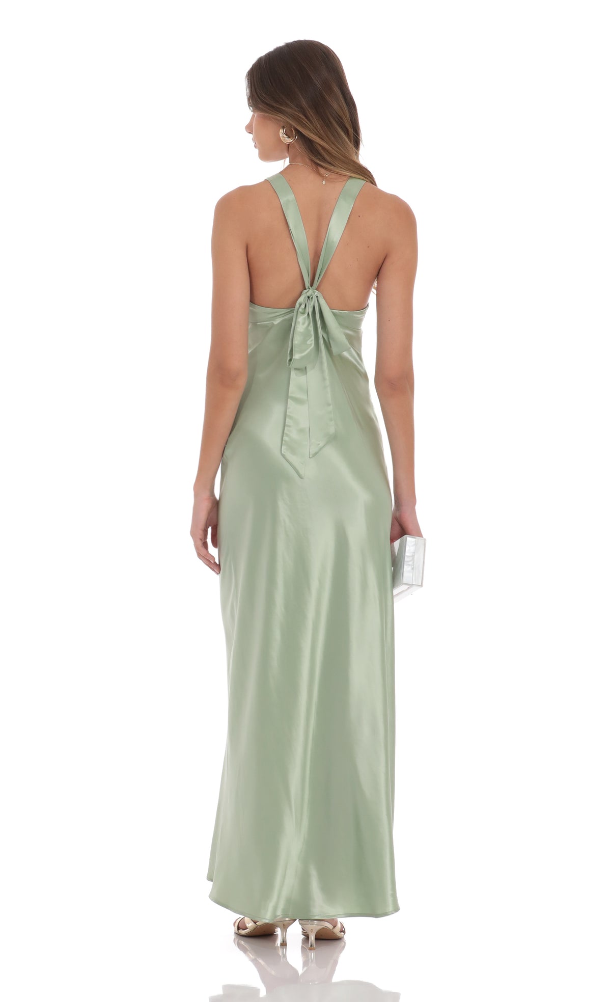 Satin V-Neck Maxi Dress in Sage