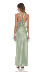 Satin V-Neck Maxi Dress in Sage