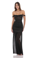 Mesh Off Shoulder Ruched Maxi Dress in Black