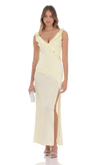 Satin V-Neck Open Back Maxi Dress in Pastel Yellow