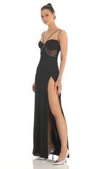 Rhinestone Crepe Cutout Maxi Dress in Black