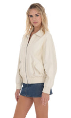 Woven Faux Leather Bomber Jacket in Ivory