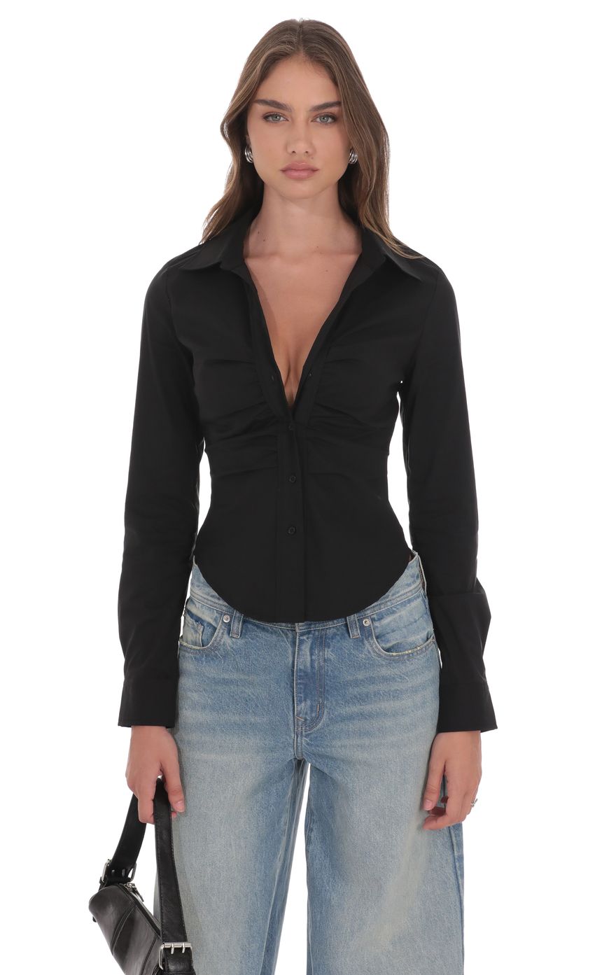 Ruched Button-Up Shirt in Black