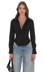 Ruched Button-Up Shirt in Black
