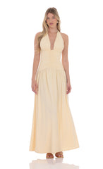 Halter Ruched Cinched Maxi Dress in Beige