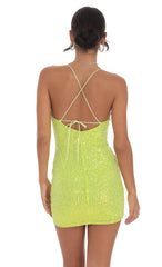 Sequin Ruched Overlay Dress in Lime Green