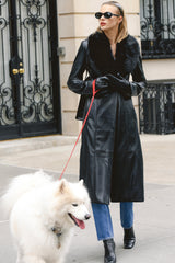 black faux fur trimmed vegan leather coat