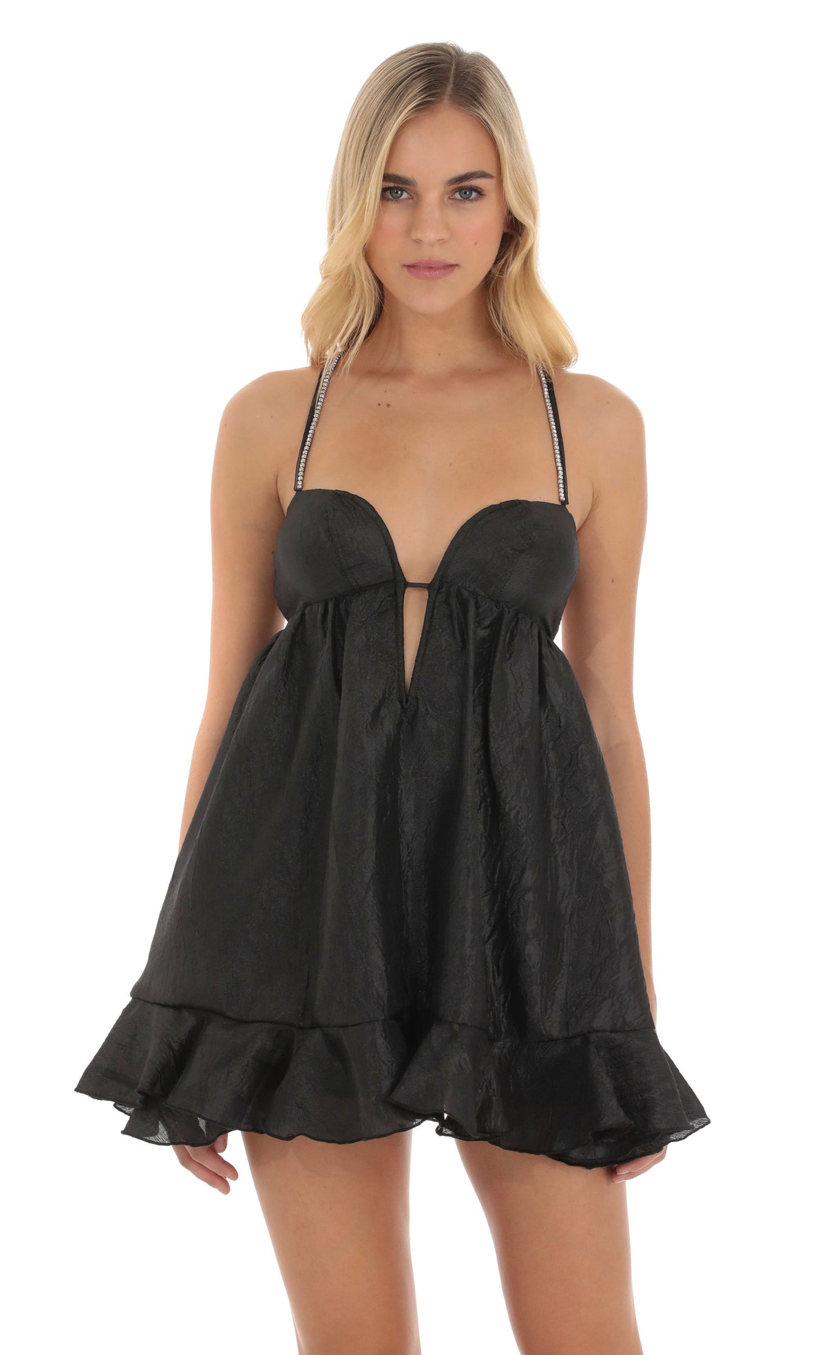 Rhinestone Babydoll Dress in Black