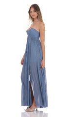 Pleated Shimmer Twist Maxi Dress in Blue