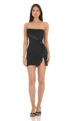 Flower Ruffle Slit Dress in Black