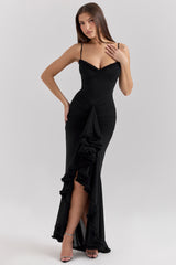 black mesh ruffled front gown