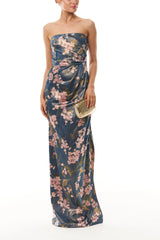 Draped Floral Strapless Column Gown