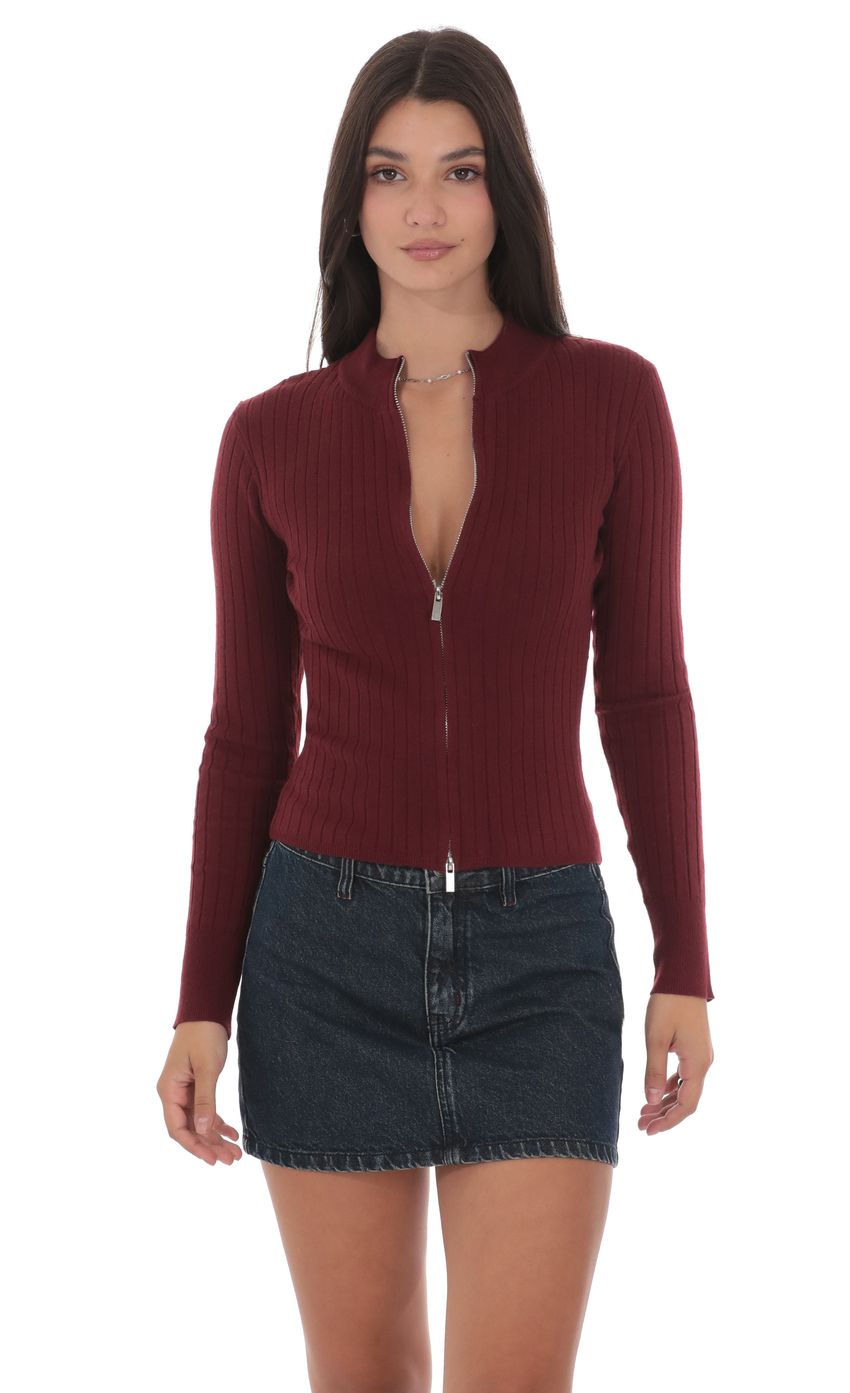 Mock Neck Zip-Up Cardigan in Maroon