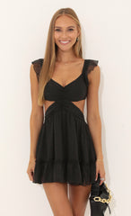 Chiffon Striped Ruffle Dress in Black