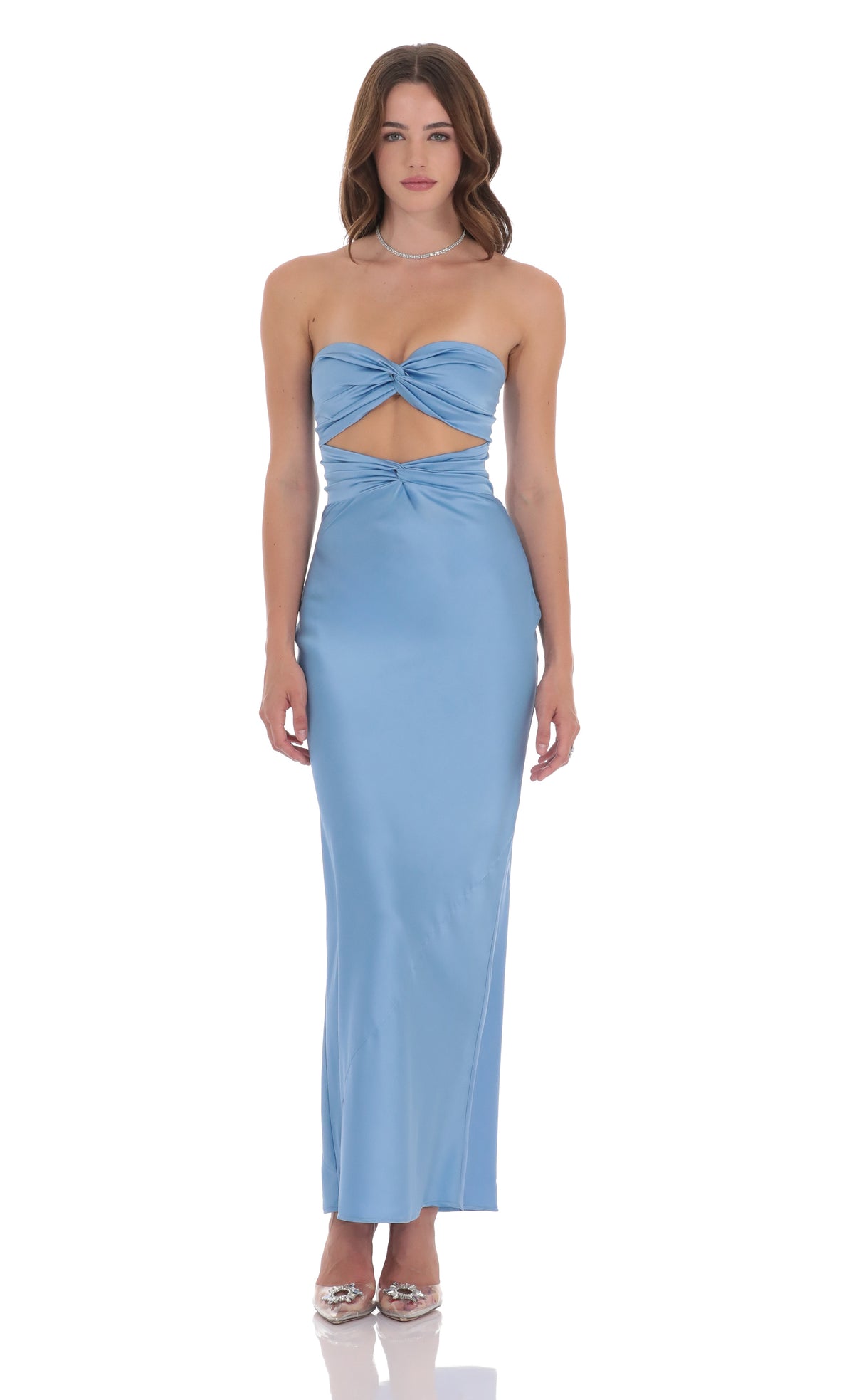 Satin Twist Cutout Maxi Dress in Light Blue