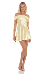 Satin Off Shoulder Dress in Yellow