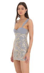 Gold Floral Embroidered Dress in Grey