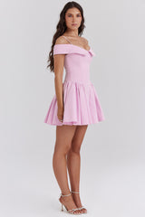 cotton candy twill off shoulder mini dress
