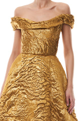 Off-The-Shoulder Gold Jacquard Ballgown