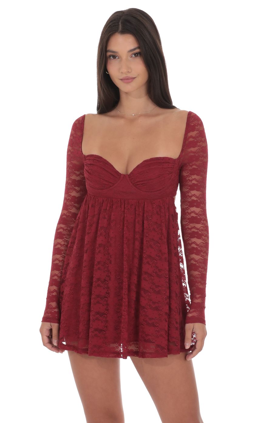 Lace Long Sleeve Babydoll Dress in Maroon