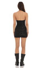 Lace Sequin Strapless Bodycon Dress in Black