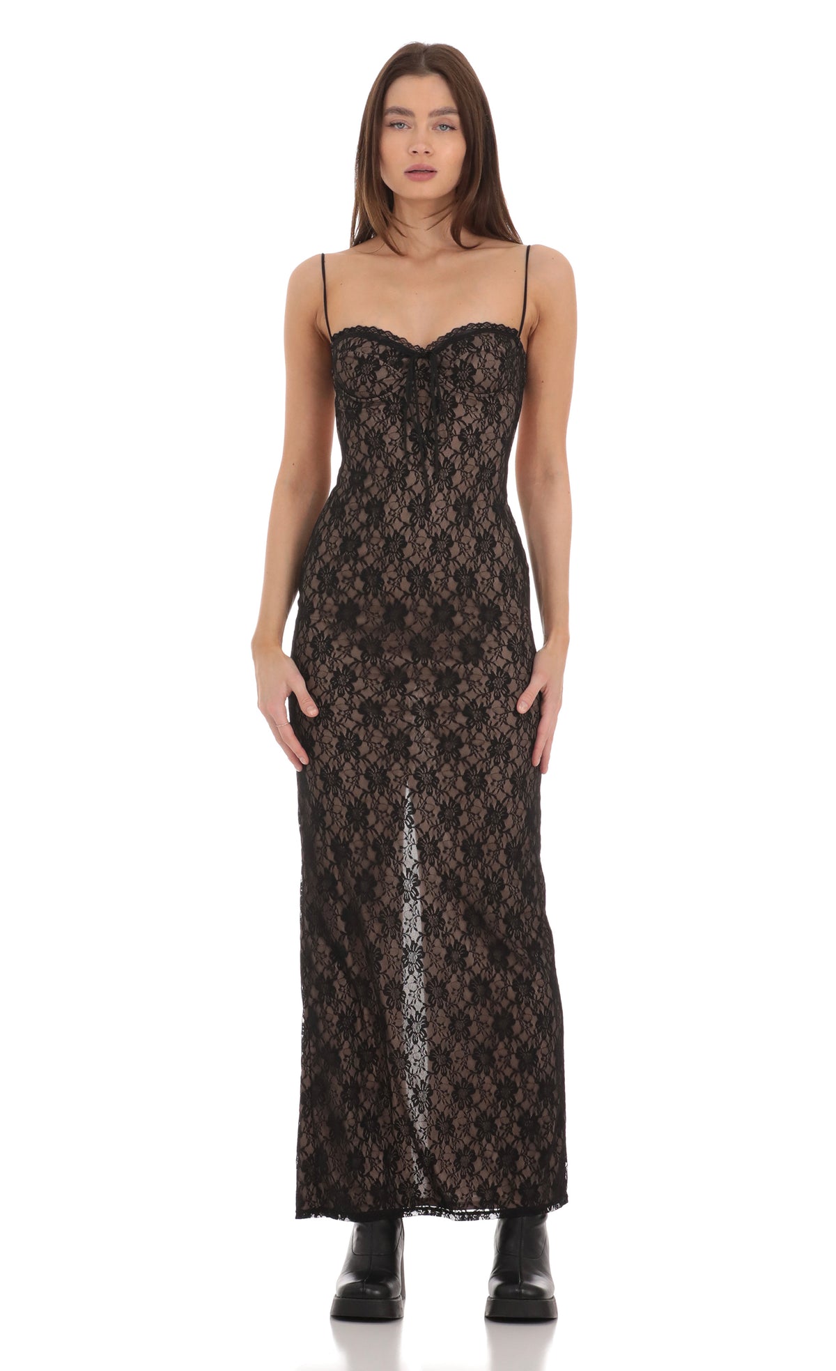 Lace Bodycon Maxi Dress in Black