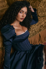midnight satin puff sleeve mini dress