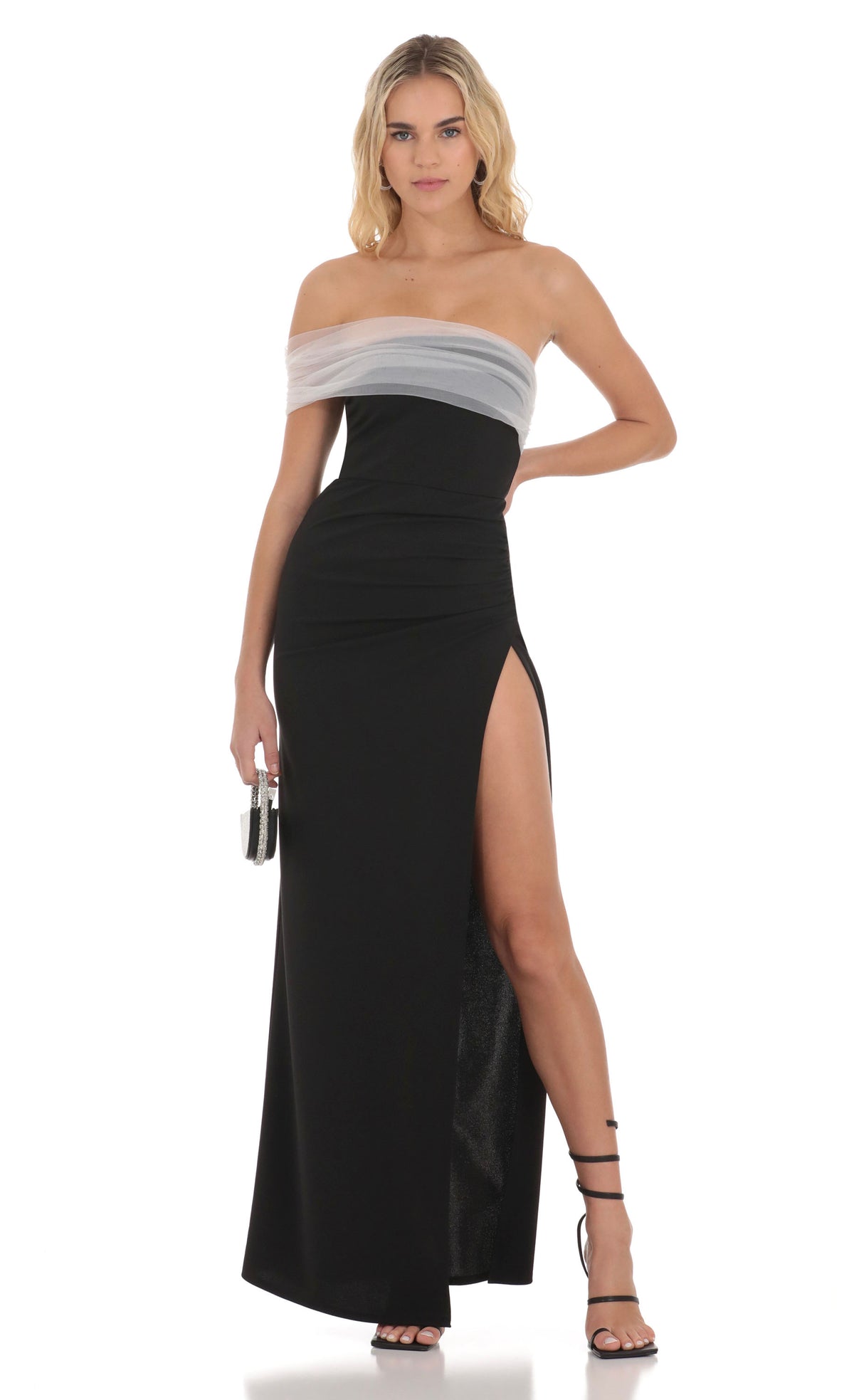 Off Shoulder Tulle Sleeve Maxi Dress in Black
