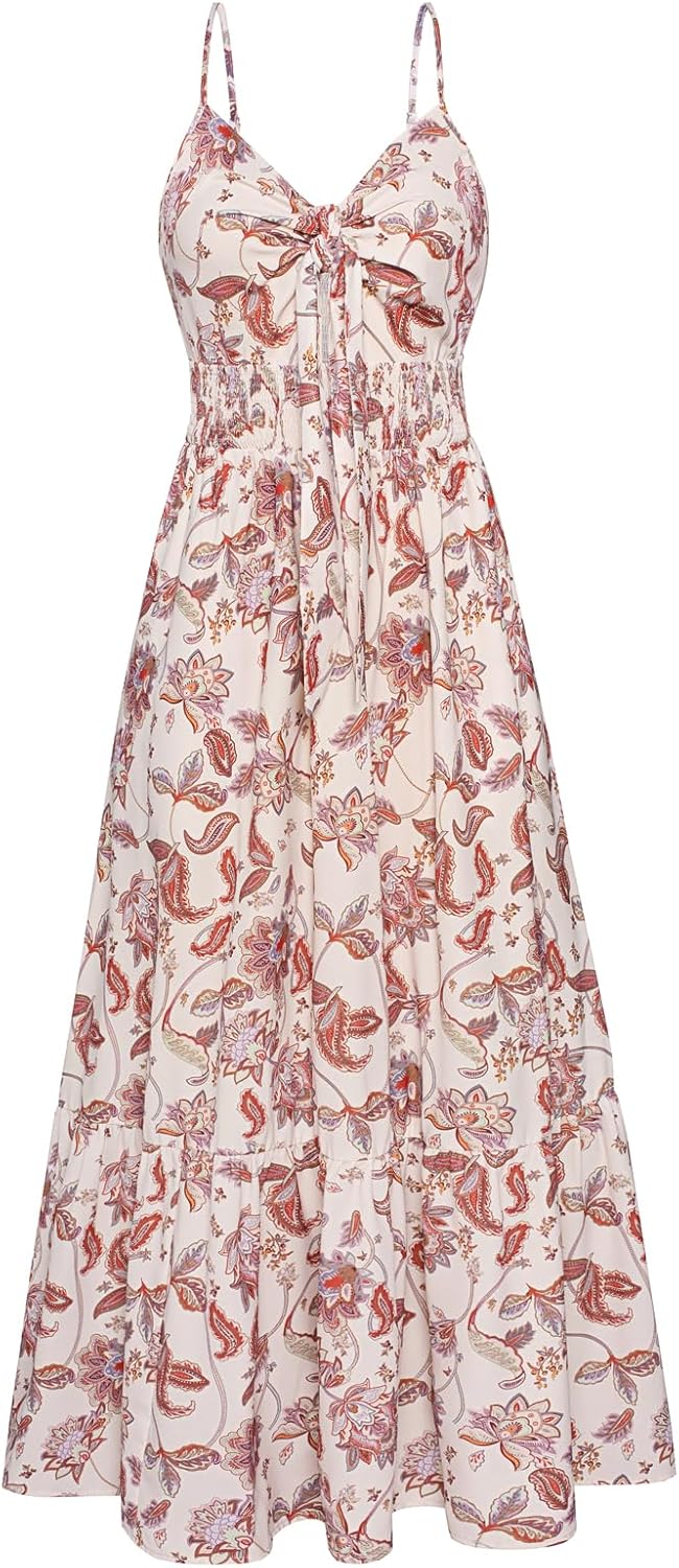 GRACE KARIN Women's 2025 Summer Maxi Dress Floral Tie Front Spaghetti Strap Casual Boho Beach Flowy Sundress with Pockets