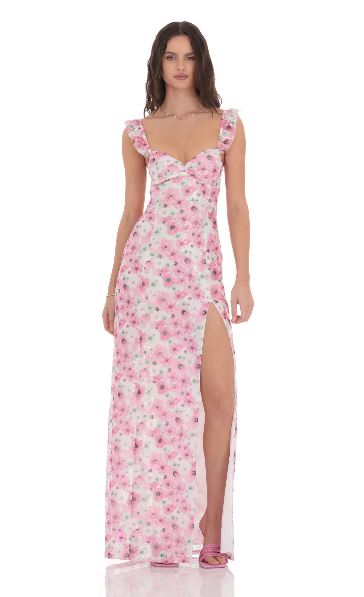 Lace Floral Ruffle Sleeve Maxi Dress in White