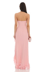 Strapless Mesh Ruffle Maxi Dress in Pink